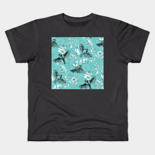 Flowers and Flight in Monochrome Teal Kids T-Shirt